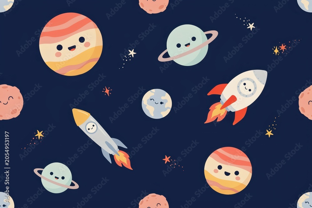 Fototapeta premium Seamless space pattern with cute smiling planets, rockets, and stars on a dark blue background, children clothing and accessories