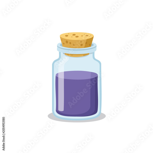 Flat design illustration of a glass bottle with purple liquid and cork