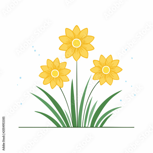 Three Yellow Flowers with Green Leaves and Blue Dots