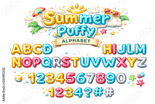 summer puffy alphabet set, puffy alphabet, summer alphabet, bubble letters, inflatable letters, 3D alphabet, playful typography, summer typography, colorful letters, beach theme, tropical alphabet, gl