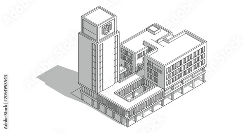 Canvas-taulu Isometric vector illustration of a contemporary multi-story office building with detailed architectural elements and clean lines