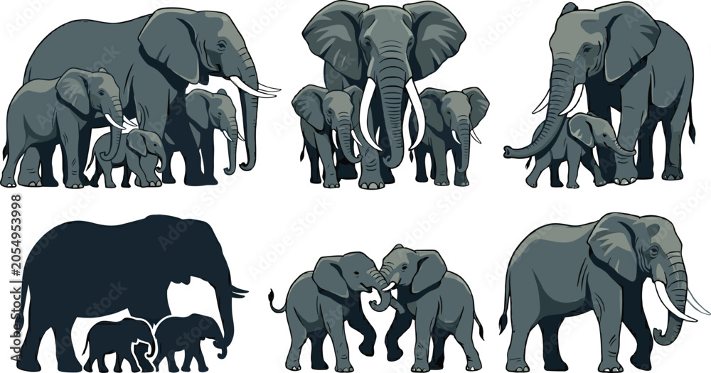 Fototapeta African Elephant Family Vector Illustration Set Featuring Mother and Baby Calf Characters with Silhouettes for Safari Wildlife and Conservation Graphic Designs