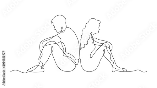 Continuous line drawing of a sad couple sitting back to back, relationship conflict and separation concept, minimalist vector illustration