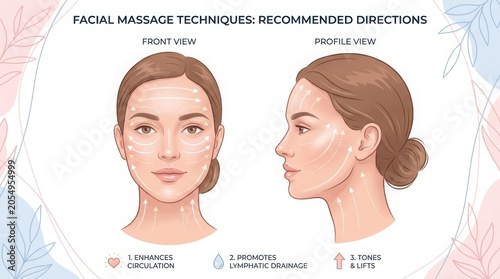 Facial massage techniques guide showing recommended massage directions illustration