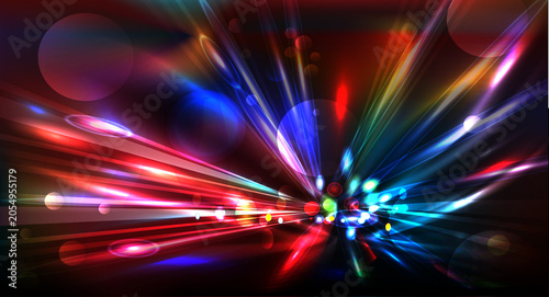 Foto Vibrant neon light streaks and glowing circles on dark background representing abstract energy