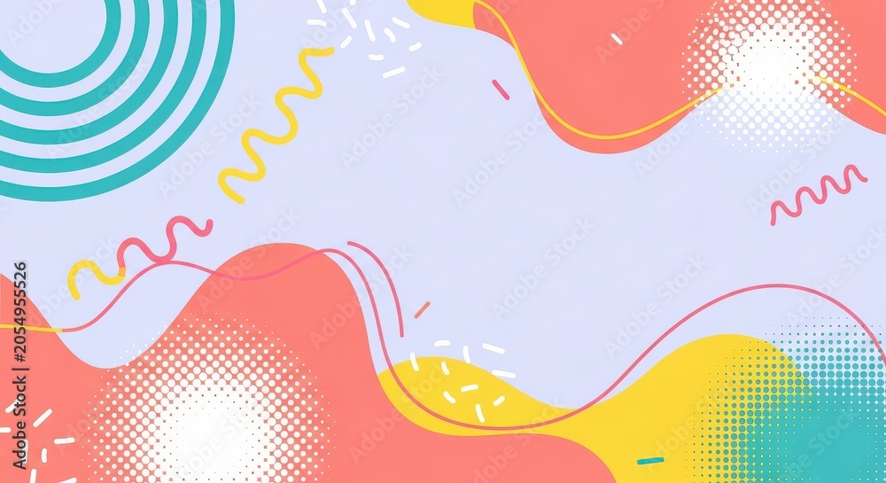 Fototapeta premium Colorful Memphis Style Abstract Background with Organic Shapes, Wavy Lines, and Halftone Patterns for Modern Graphic Design