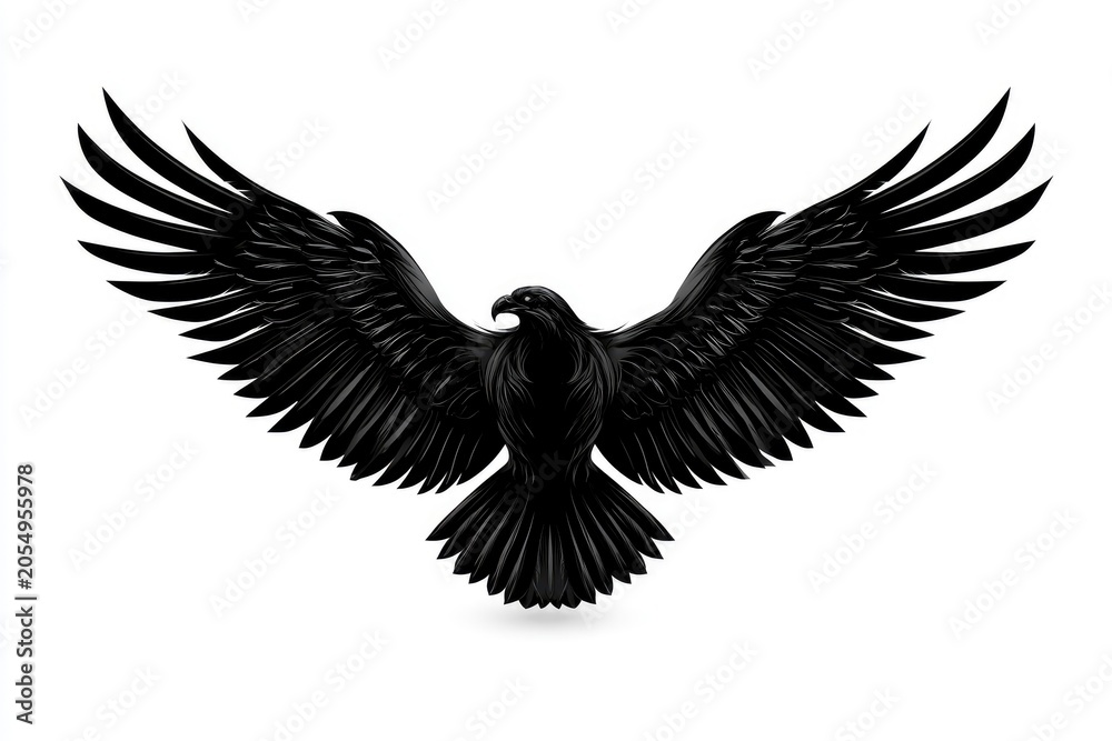 Fototapeta premium Black eagle spreading wings on a white background with sharp focus and powerful symmetry for patriotic branding and graphic design