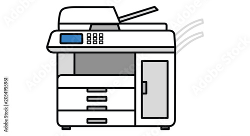 Foto Flat design vector illustration of a multifunction office printer with paper trays and digital display isolated on white background