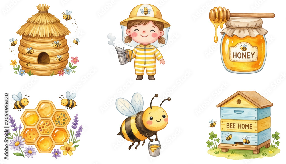 Fototapeta premium watercolor beekeeping set with cute beekeeper girl bees honeycomb and honey jar