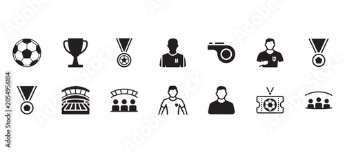 Football tournament icons set including athletes stadium tickets and gold medals. championship trophies and event entry tickets for competition branding use.