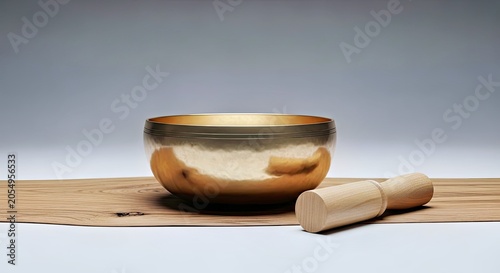 Golden Singing Bowl With Wooden Mallet on Bamboo Mat for Meditation and Wellness