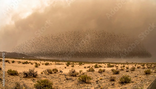 Immense Desert Locust Swarm Migrating Across Arid Barren Landscape Under Cloudy Sky
