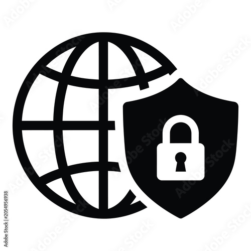 Black shield with padlock and globe icon for security and protection concept  internet safety icon