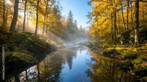 Autumn forest, misty river, golden trees, serene landscape, natural scenery