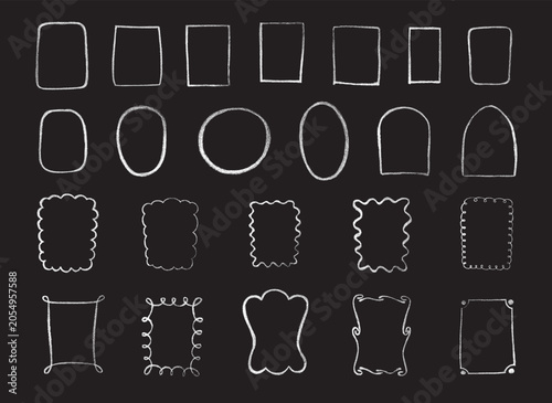 Chalk or crayon hand drawn coquette ribbon frames set. Grunge rectangle and square shape.