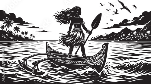 Foto Polynesian woman paddling traditional outrigger canoe in tropical ocean with fly