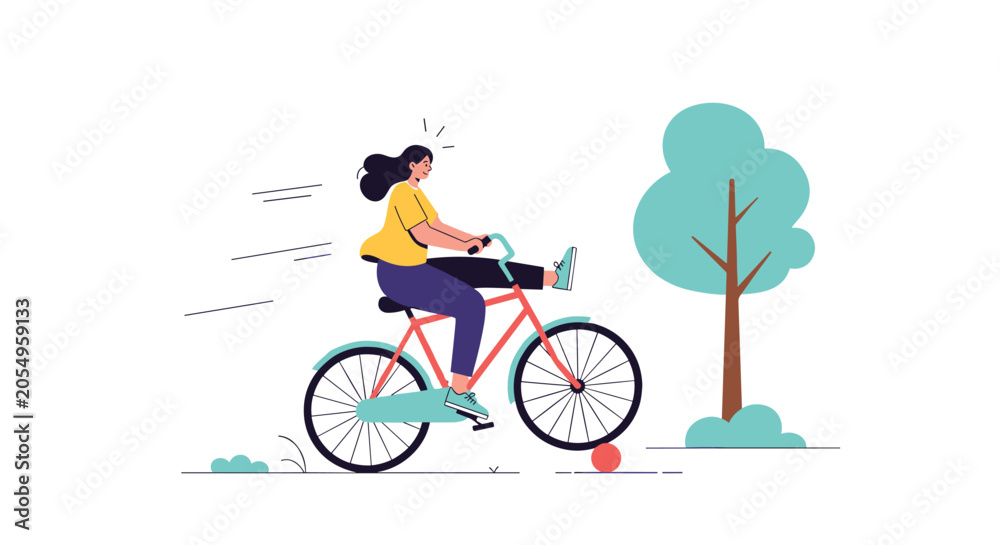 Fototapeta premium Young woman losing control of her bicycle and falling down after hitting a small red ball on the road in a green park.