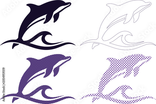 Fotografía Dolphin jumping over ocean waves vector set, aquatic mammal silhouette and line