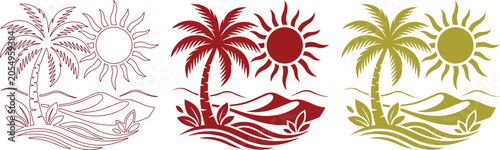 Tropical palm tree and sun landscape icons, summer beach vacation vector set, exotic island paradise travel illustrations in red and gold isolated on White Background