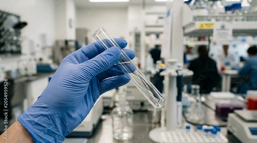 Fototapeta premium Scientist holding a clear glass test tube in a laboratory setting