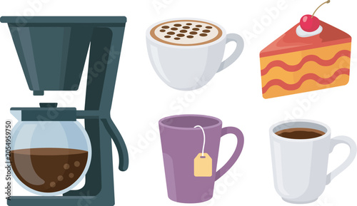 Bild auf Leinwand Coffee and tea, vector icon collection including espresso cups, coffee makers, p