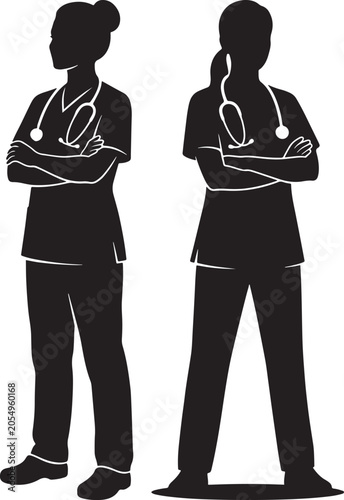 Standing female doctor and nurse silhouette black vector graphic on white background with professional healthcare silhouette