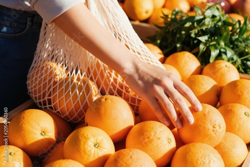 Woman uses reusable mesh bag to select fresh oranges at outdoor market. Healthy lifestyle conscious shopping for organic produce. Citrus fruits are ripe and ready for juice.