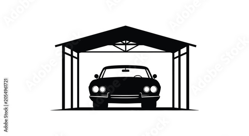 Classic car parked inside a garage or carport black and white silhouette