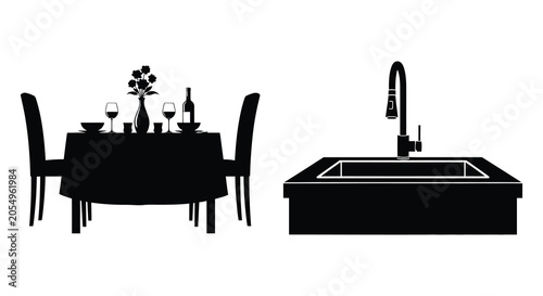 Slika na platnu dining table and kitchen sink setup in black silhouette