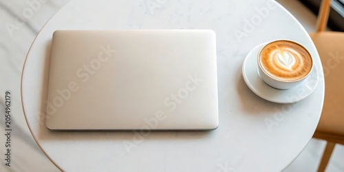 Coworking cafe concept. Closed laptop and latte with heart-shaped foam art on a round white table in a cozy cafe setting.