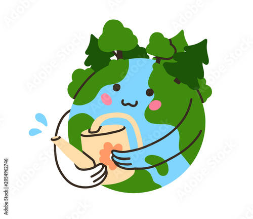 Cute Earth planet character watering forest, plants. Globe growing trees. Nat...
