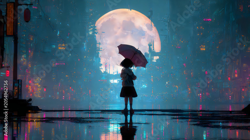 Girl with umbrella standing under a big moon in the rain