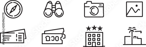 Travel and tourism line icons set compass binoculars camera hotel and more