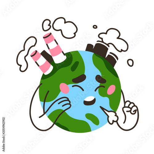 Earth planet character suffering from industrial pollution with factory smoke...