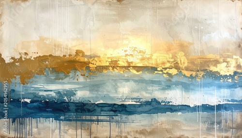 Abstract Landscape Painting with Golden Hues and Blue Tones.