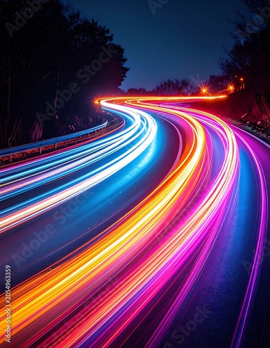 A nighttime highway with colorful light trails (1)