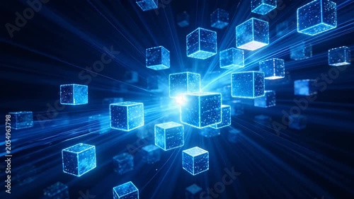 Floating semi-transparent blue cubes with glowing light lines in dark virtual space