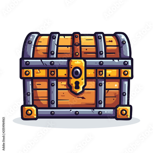 Illustration of a Vintage Wooden Treasure Chest with Metal Bands.