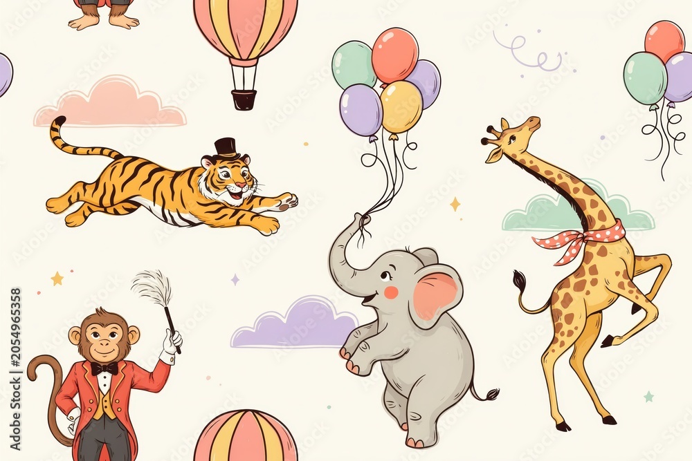 Naklejka premium Circus themed seamless pattern with cute animals including a tiger elephant giraffe and monkey with balloons on a cream background