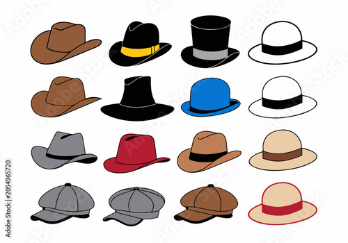 Foto Sixteen illustrated hats are arranged in four rows, showing various styles such as cowboy, fedora, top hat, bowler, and newsboy caps in colors like brown, black, blue, red, gray, and beige