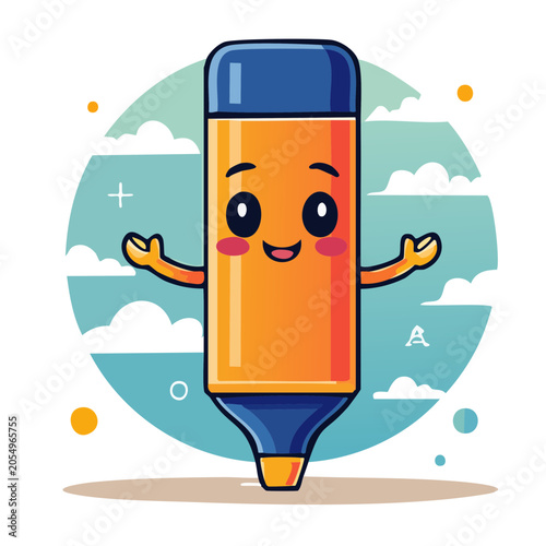 Cute kawaii highlighter pen character with smiling face