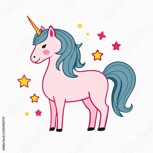 Cute Pink Unicorn with Blue Mane and Stars