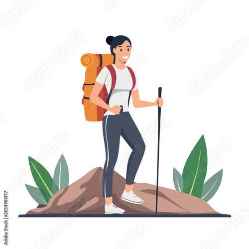 Woman hiker with backpack and pole on mountain