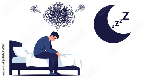 Depressed sleepless man sitting on bed at night with crescent moon and tangled thoughts representing insomnia.