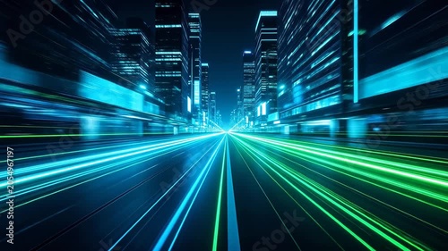 Cyberpunk city street at night with moving light trails and illuminated skyscrapers