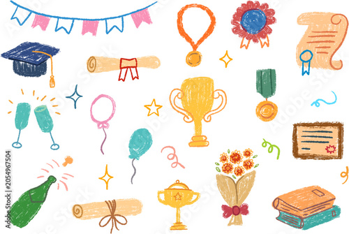 Hand drawn wax crayon style graduation elements vector set in childlike style. Includes academic cap, diploma scrolls, trophies, medals, champagne bottle, balloons and party bunting 