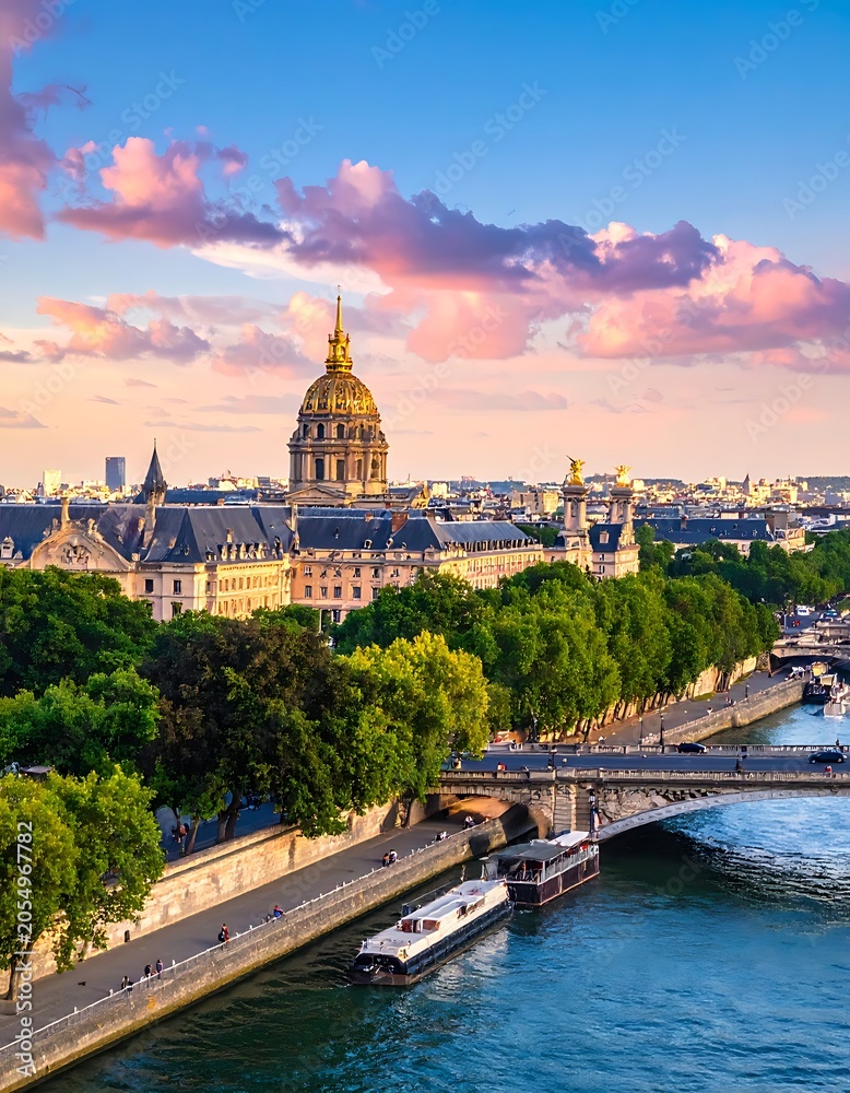 Fototapeta premium A scenic Parisian cityscape at sunset with a river and bridge