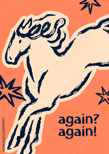 Horse jumping in stars, poster design. Hand-drawn equine animal, doodle sketc...