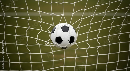 A soccer ball caught inside a goal net on a field