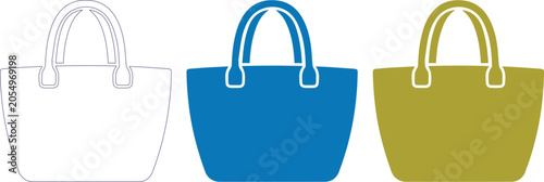 Minimalist tote bag vector icons, reusable shopping bag set in blue and olive green, fashion handbag silhouettes for retail and eco-friendly branding isolated on White Background